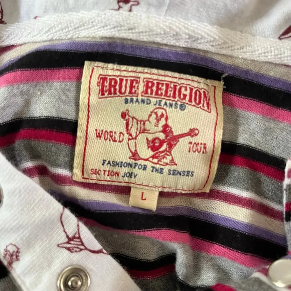 True Religion Buddha Logo Multi Color Stripe Hooded Shirt Sz L
